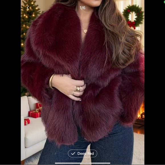 New Burgundy Red Faux Fox Fur Coat Wide Lapel. Ladies Size 8-10. - Picture 3 of 5